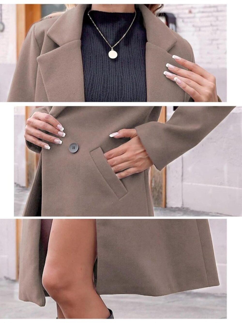 Women's Camel Long Sleeve Notch Lapel Double Breasted Winter Wool Pea Coat - Picture 5 of 6